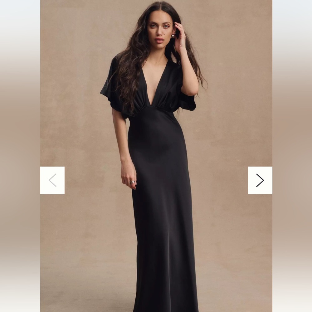 BHLDN Leila Deep-V Flutter-Sleeve Satin A-Line Gown